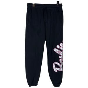 Barbie Jogger Pants Women Large Black Graphic Cotton Fleece High-Rise Drawstring